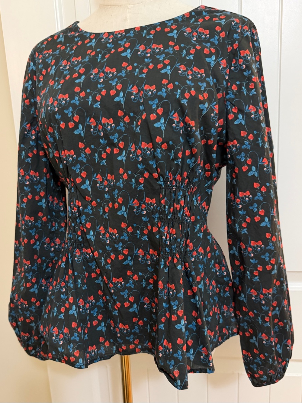 J. Crew Black & Red Cherries 🍒 Peplum Top Sz 10